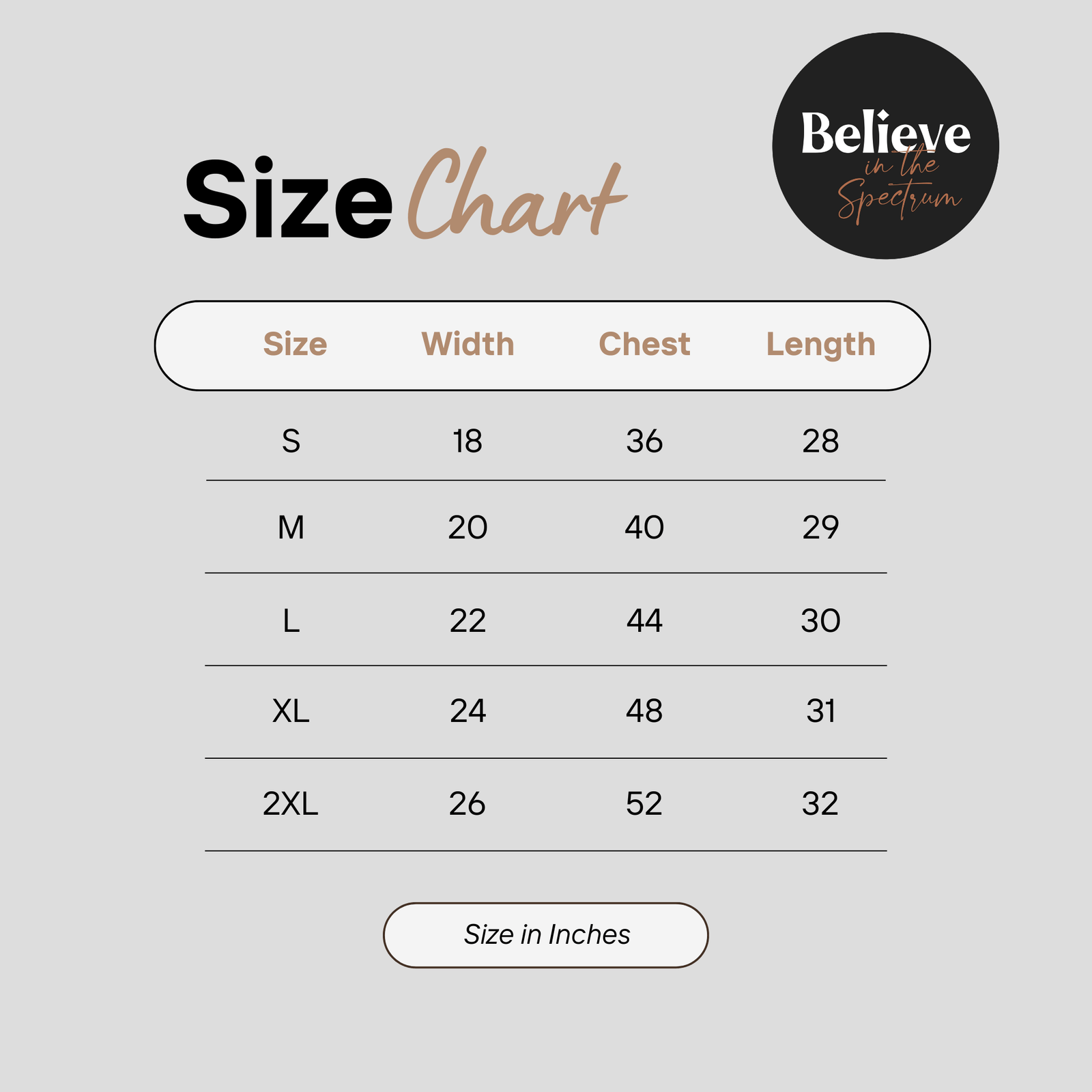 Grey Autism awareness t-shirt size chart