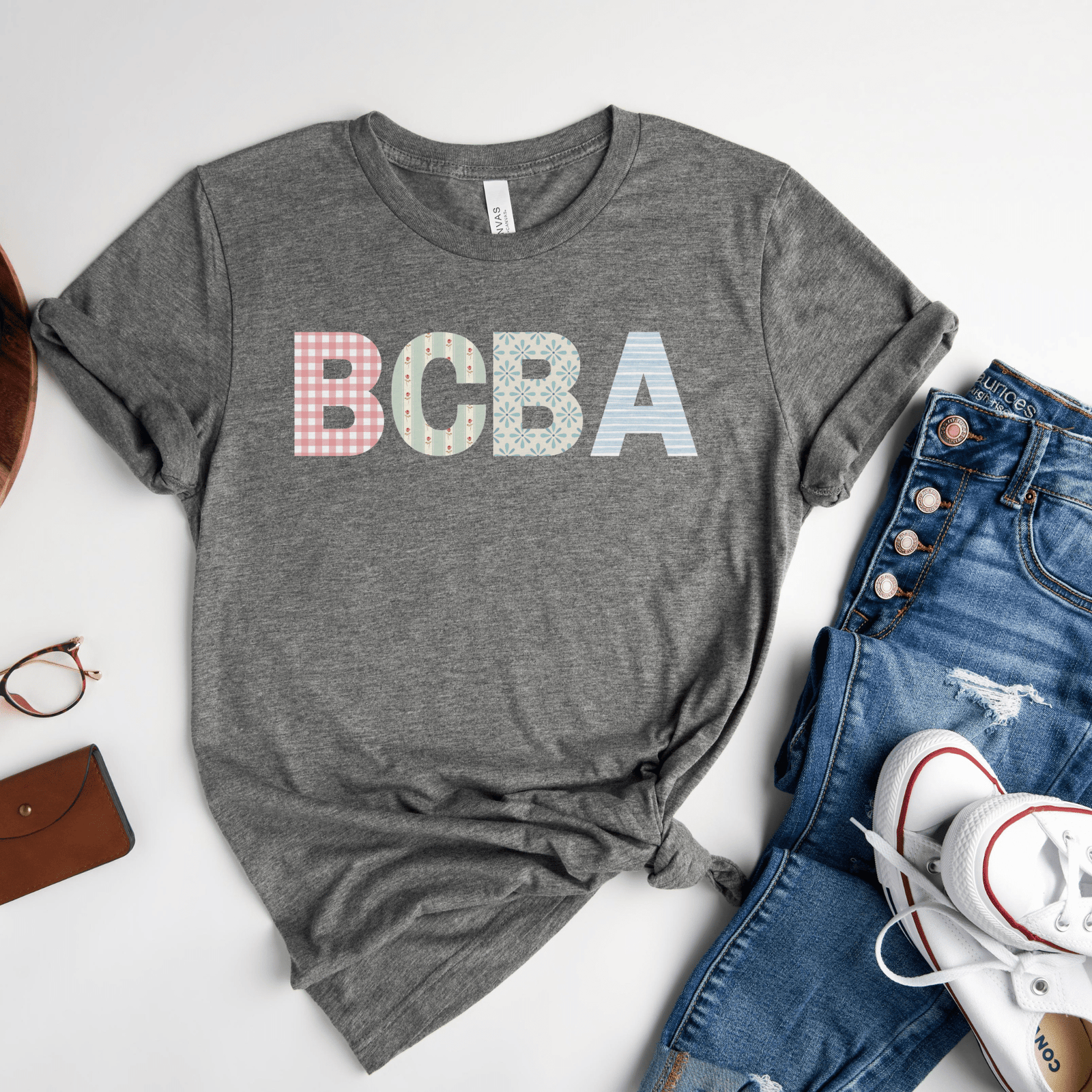 BCBA Patch Letters Tee | Floral & Gingham Board Certified Behavior Analyst Shirt