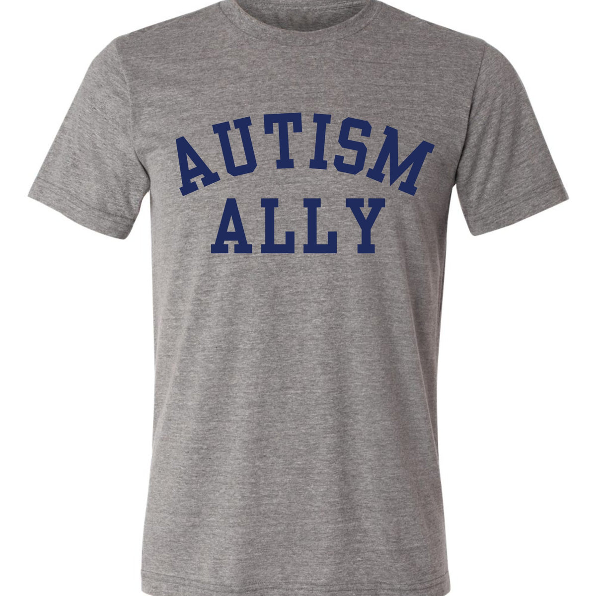 A grey autism awareness t-shirt with navy font that reads &quot;Autism Ally&quot; in college style font.