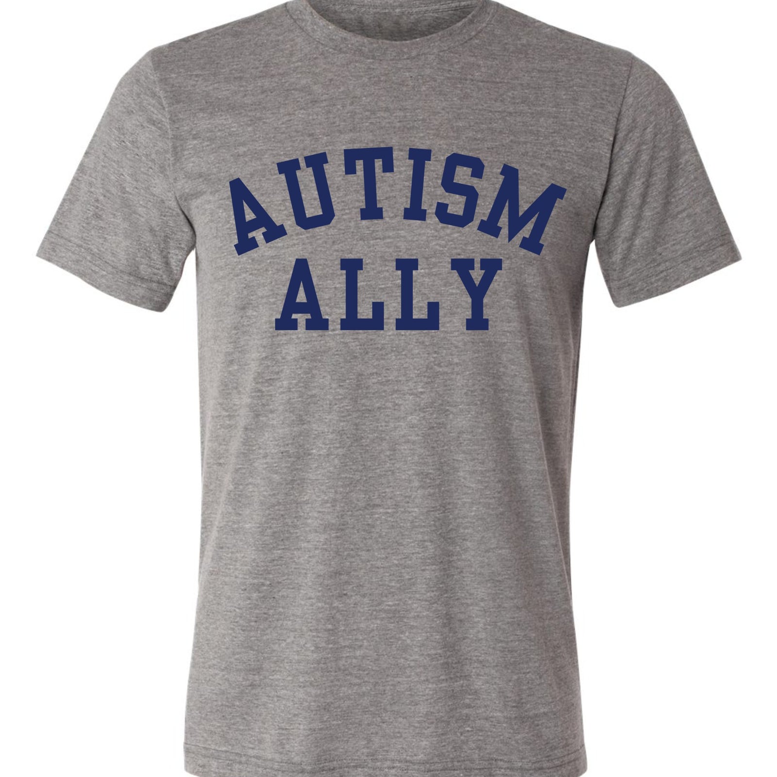 A grey autism awareness t-shirt with navy font that reads "Autism Ally" in college style font.