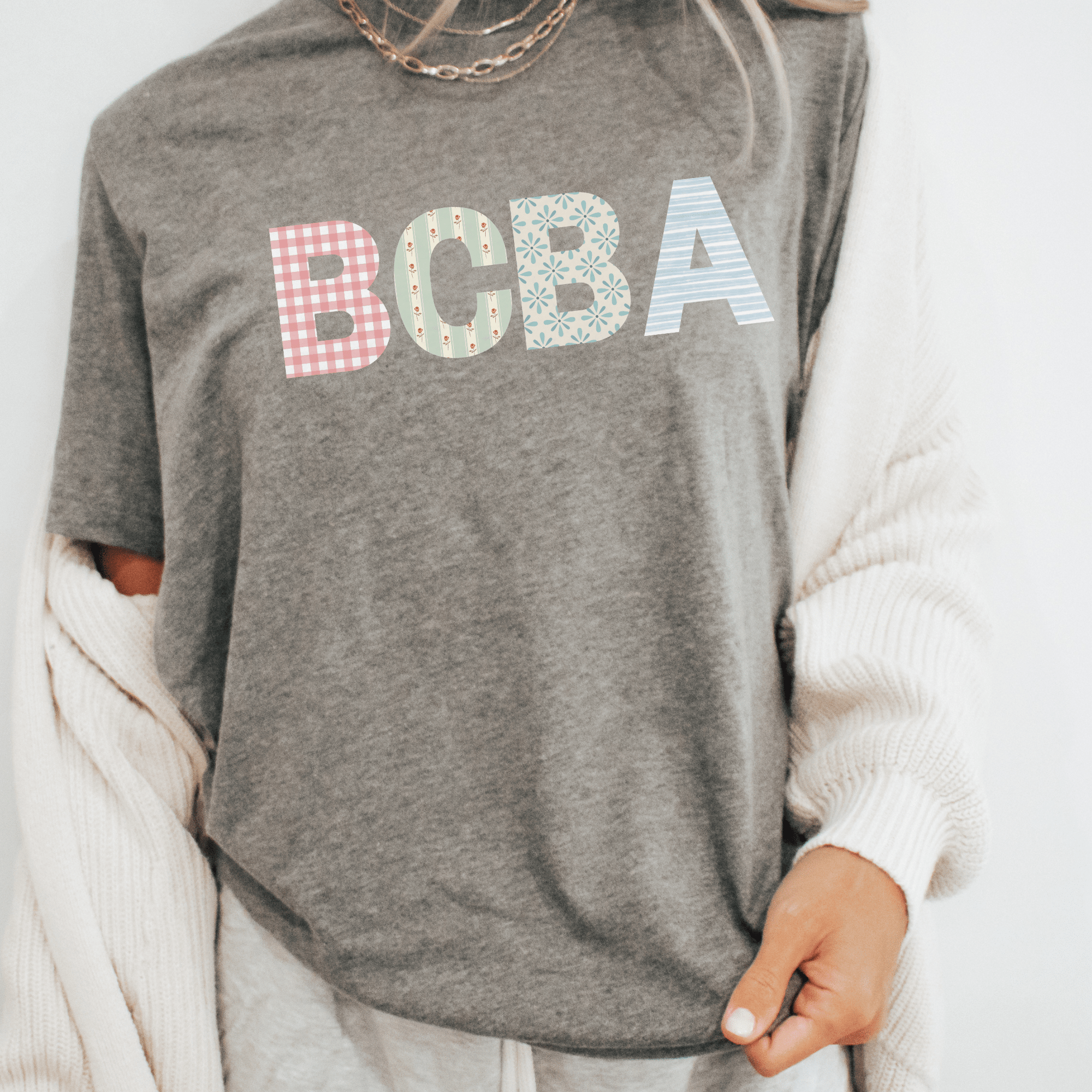 BCBA Patch Letters Tee | Floral & Gingham Board Certified Behavior Analyst Shirt