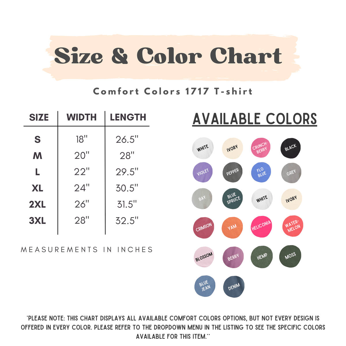 Size and color chart for Comfort Colors 1717 tee
