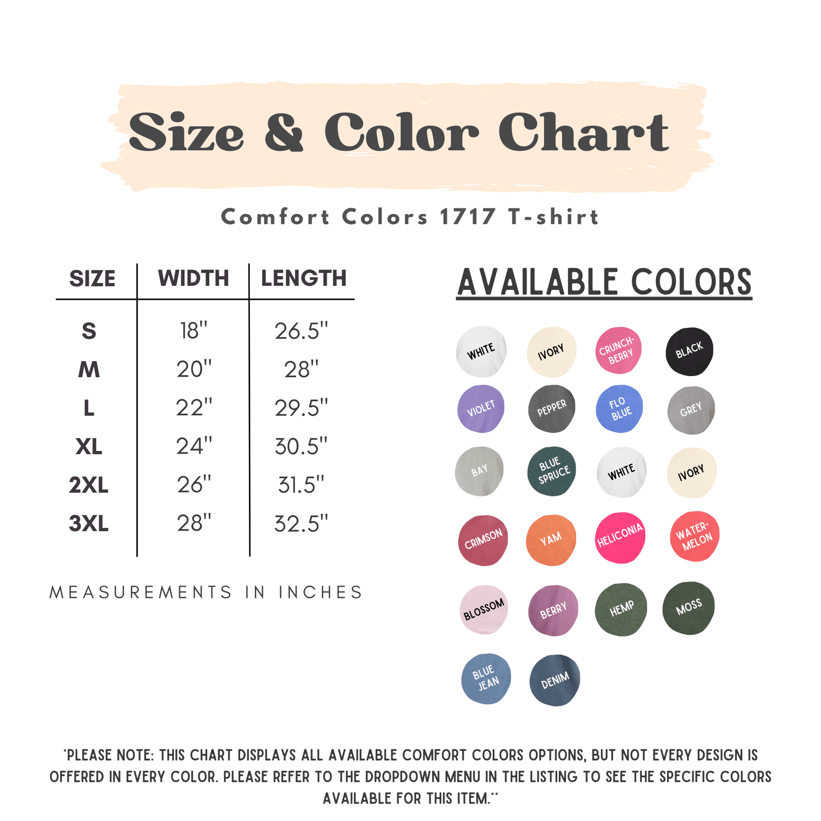 Size and color chart for Comfort Colors 1717 tee